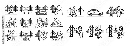 Bridge construction icons with worker car tower outline