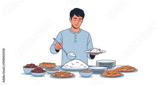 A generous man serves a plentiful traditional meal, ladling rice from a large bowl onto plates amidst a diverse array of delicious dishes, ready for a festive gathering or family dining
