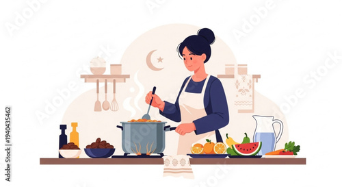 A woman in an apron is cheerfully cooking a meal in a cozy kitchen, surrounded by fresh ingredients and a warm, inviting atmosphere