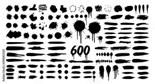Brushes ink splash set with paint splatters and grunge strokes for design... featuring abstract elements, illustration,