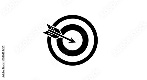Target with arrow hit in the center, simple monochrome design featuring bullseye, success, achievement with focus and