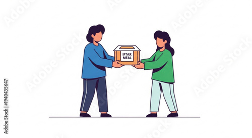 Two people exchanging a donation box with text 'Charity' on it, symbolizing generosity and support for a good cause