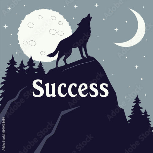 Wolf howling at the full moon in the night sky silhouette illustration
