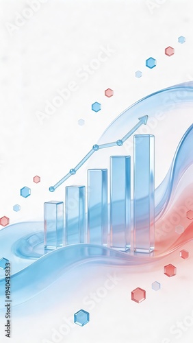 Medical SaaS data growth with glass bar chart and rising arrow on white background with wave