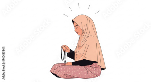 A woman wearing a hijab and traditional clothing sits in prayer holding a string of beads