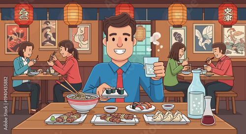 Man enjoys Japanese food and sake in a traditional restaurant setting