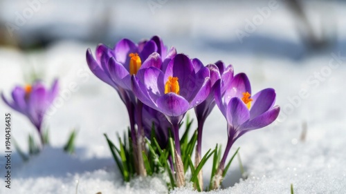 Vibrant purple crocuses blooming through snowy spring landscape.