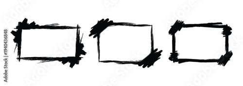 Three abstract black rectangular frames with rough brushstroke edges on a white background for artistic or design purposes