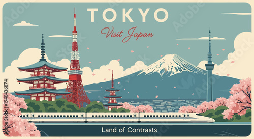 Tokyo Japan Travel Poster: Iconic Landmarks, Bullet Train, Cherry Blossoms, Mt Fuji
