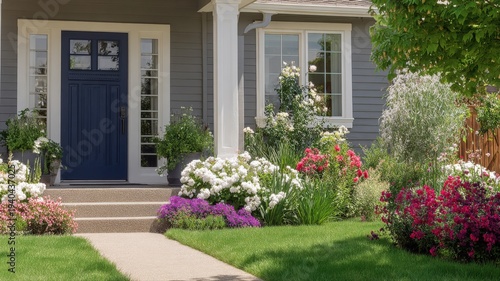 Charming Home Exterior with Blooming Flower Garden and Elegant Blue Front Door Inviting Entrance