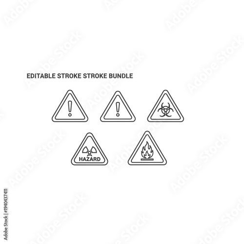 Collection of five triangular warning signs with various hazard symbols