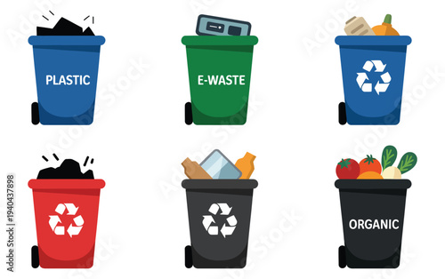 Recycling Bin Icons, vector illustrations of colorful waste bins for plastic, e-waste, and organic materials, representing recycling, waste management, and environmental sustainability