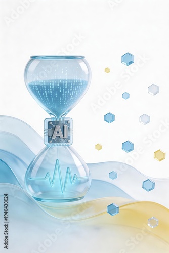 futuristic digital hourglass with AI chip monitoring heartbeat pulse representing real-time healthcare analytics and medical time management concept, innovation science illustration