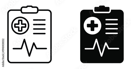 Medical, clipboard vector icons, report and record symbols for healthcare, patient documentation, diagnosis tracking, and medical files, clean editable illustration.