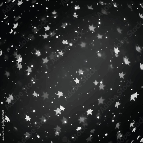 Gray Stars Falling on Black Background with Bokeh Effect