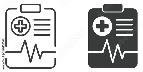 Medical, report clipboard icon set in outline and silhouette style, representing healthcare documentation, diagnosis, and medical records, editable vector illustration 