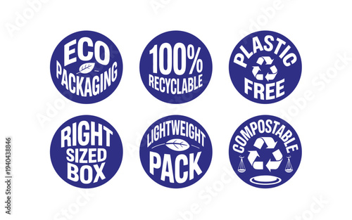 Eco Packaging Badges Icons Plastic Free 100% Recyclable Leaf Vector