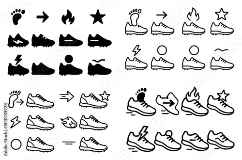 Sports icons with shoe footprint flame outline