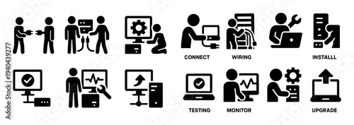 It icons with laptop server person minimal