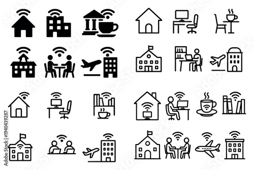 Remote work icons with home office coffee outline