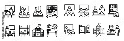 Education icons with teacher book classroom outline