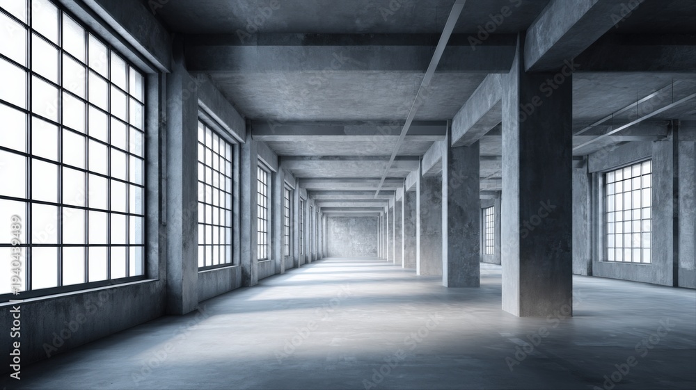 Fototapeta premium Empty industrial space with concrete columns and large windows, suitable for warehouse conversion or factory redesign