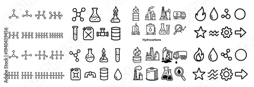 Chemistry icons with molecule flask barrel minimal