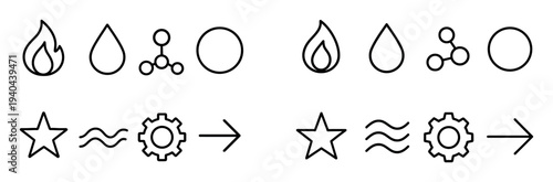 Symbol icons with flame drop molecule star outline