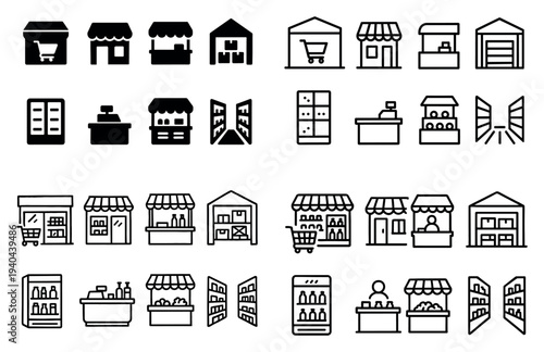 Retail icons with shop counter and shelves minimal