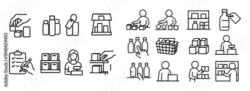 Retail icons with bottle box and basket outline