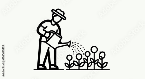 Man Watering Plants with Can.