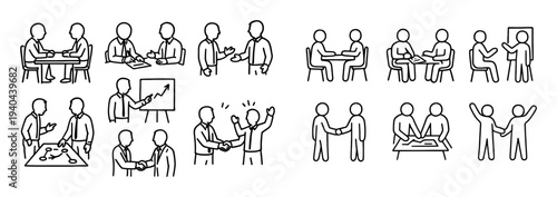 Business icons with meeting handshake presentation outline
