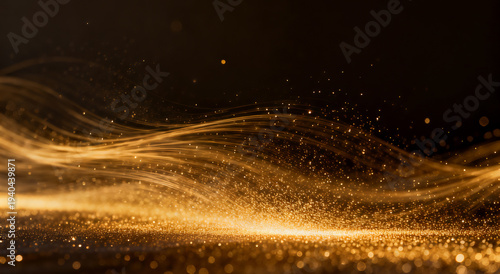 Golden wave pattern on black background, abstract motion, warm amber tones