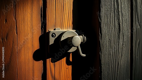 breakin. Close-up of a weathered wooden door with a forced lock and tool marks. real-estate listings, architecture portfolios, designed for architectural facade and classical detail presentations.