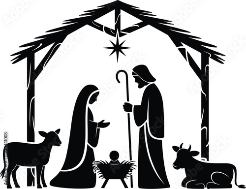 Christmas nativity scene silhouette with baby Jesus, Mary and Joseph in manger, Christian holiday vector illustration isolated on white background