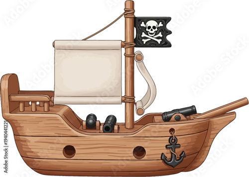A wooden toy pirate ship with a Jolly Roger flag sails across a white background