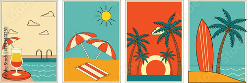 Set of four tropical summer vacation posters with palm trees, surfboard, beach umbrella and cocktails vector illustration