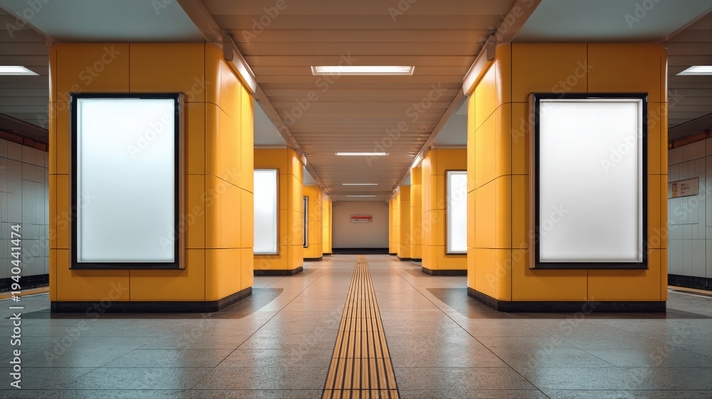 Obraz premium Subway Station with Blank Advertising Boards Ready for Mockups in Urban Transit Hub