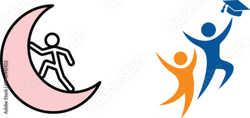 Education success and learning achievement concept with student graduate icon and person sitting on crescent moon line illustration