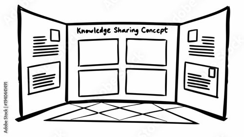 A hand-drawn sketch of a tri-fold presentation board used to share information and ideas.