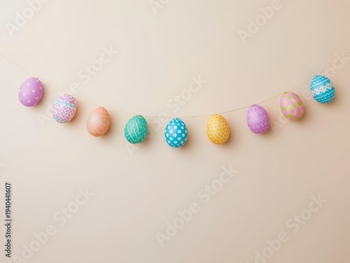 Cheerful Easter 2026 garland of decorated eggs in pastel colors hanging on beige wall. Perfect spring holiday banner with copy space for text or design.