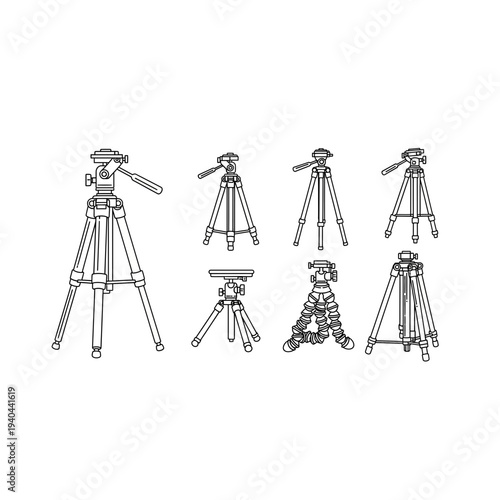 Collection of various tripod stands in different positions and angles