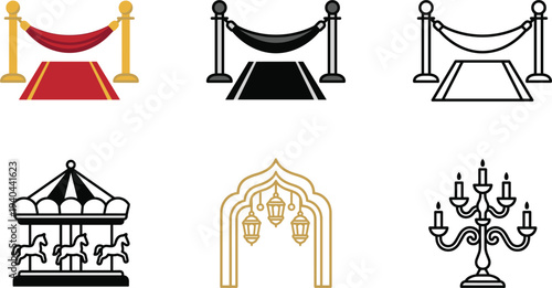 Luxury event icon set with red carpet barrier carousel ornate arch lantern and chandelier for celebration and entertainment design