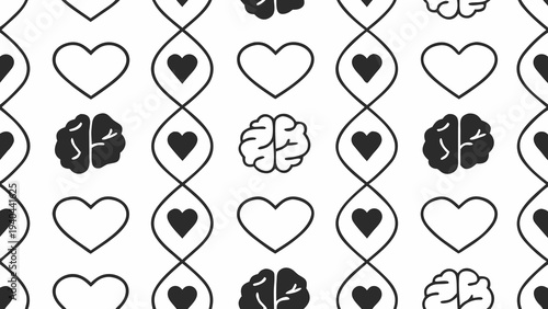 A seamless pattern with connecting hearts and brains representing the balance between emotion and logic