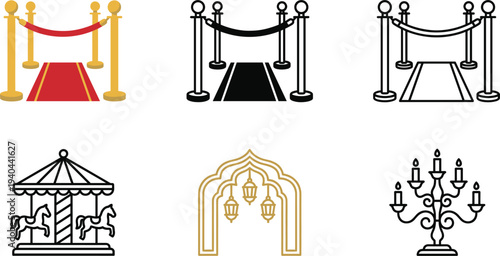 Luxury red carpet barrier, carousel, ornate arch and chandelier icon set for event, entertainment and elegant decoration design