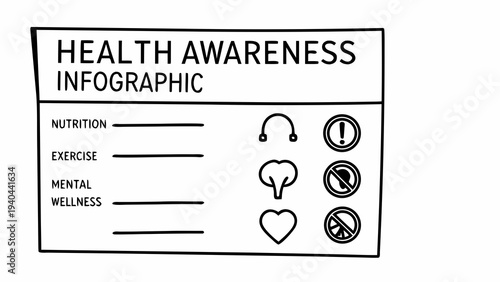 A hand drawn outline for a health awareness infographic with sections for nutrition exercise and mental wellness