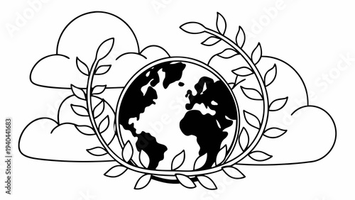 A minimalist line illustration of the Earth globe surrounded by clouds and a leafy wreath