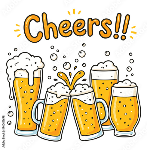 Four glasses of Cheers!! beer with splashes