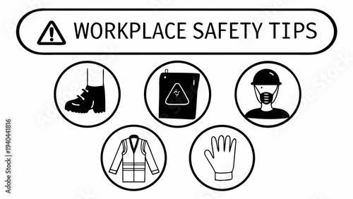 Black and white icons illustrating essential personal protective equipment for workplace safety.