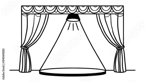 A minimalist black outline drawing depicting a theater stage with curtains and a single spotlight